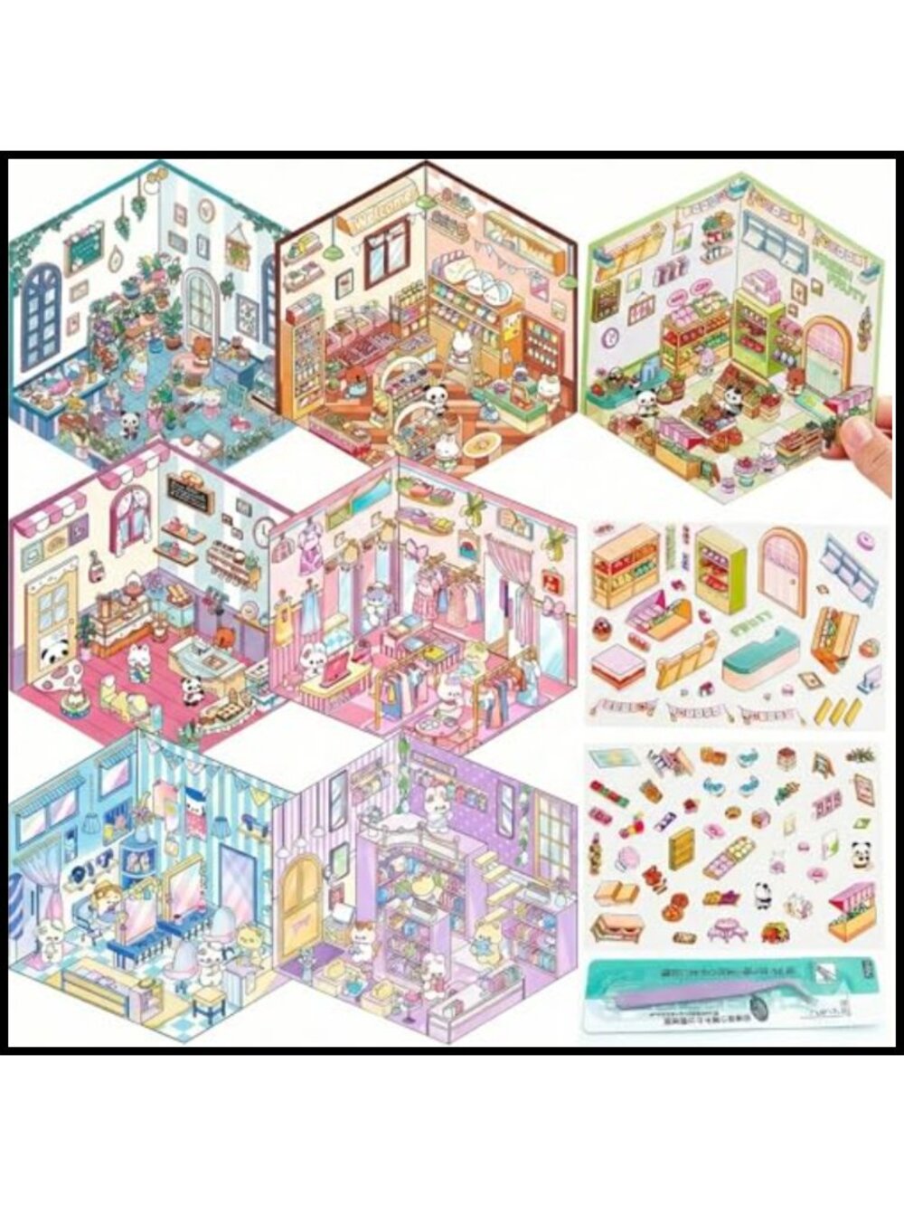 7 Set 3D Sticker Scene Kit DIY House Diorama Craft Adults Teens Tweezers